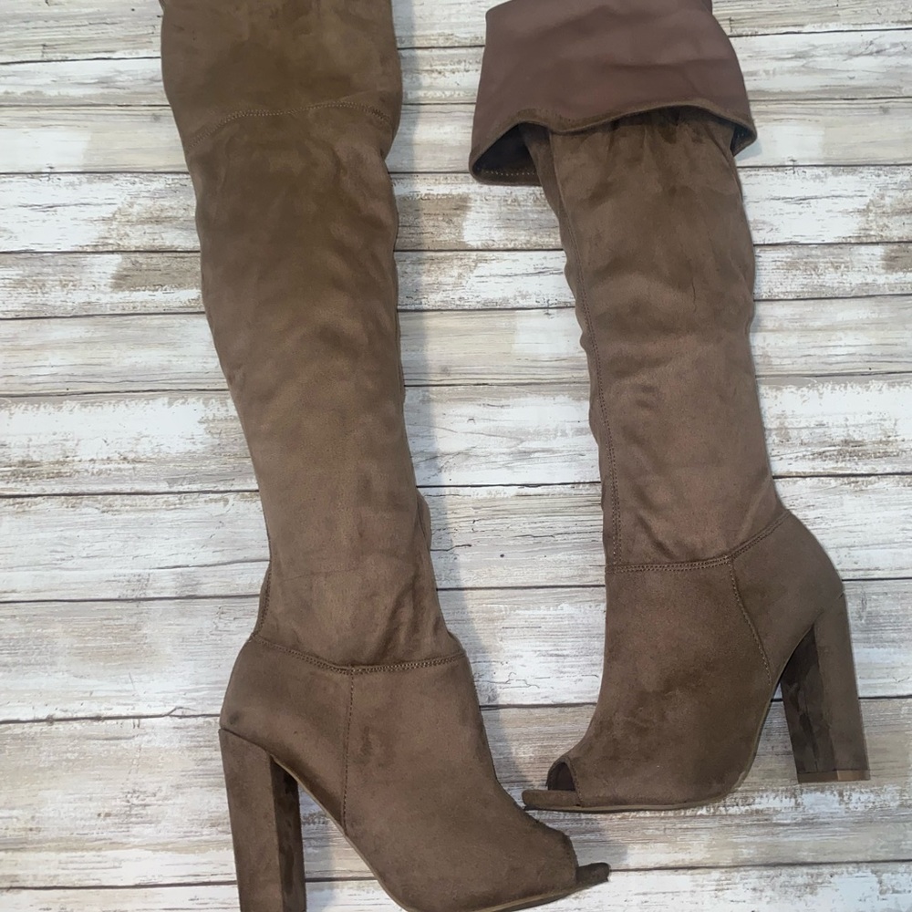 Brown suede thigh high boots